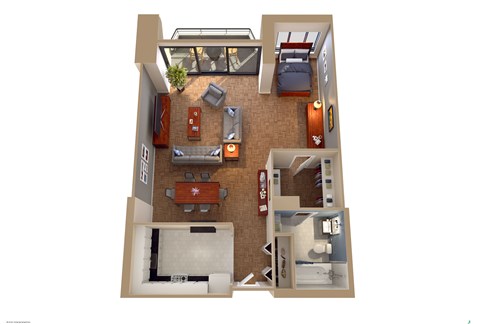 A top down view of a living room, kitchen, and bedroom.